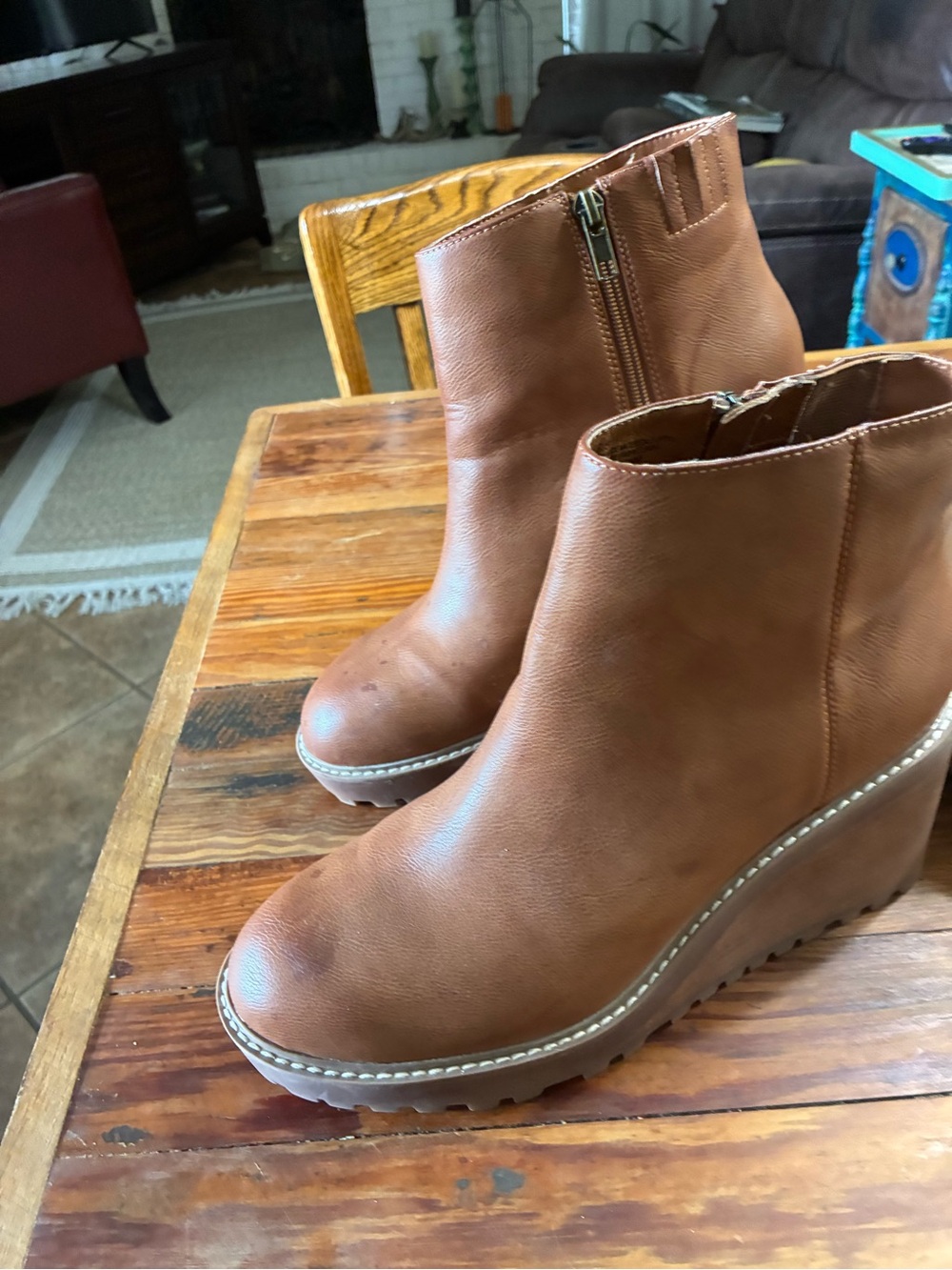 Yellow Box Cognac Wedge Ankle Boots with Side Zip size 9.5